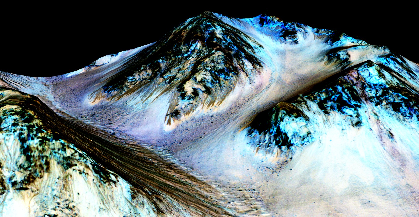 A secondary look at the RSL flowing downhill on Mars, said to be formed by contemporary flowing water.